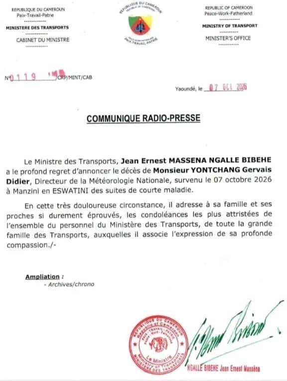 Press Release by Cameroun Ministry of Transport